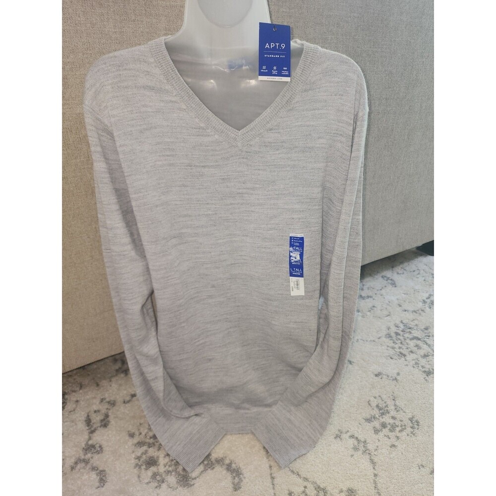 NEW APT 9 Sweater Mens LT Light Grey Heather V Neck Merino Blend Big & Tall